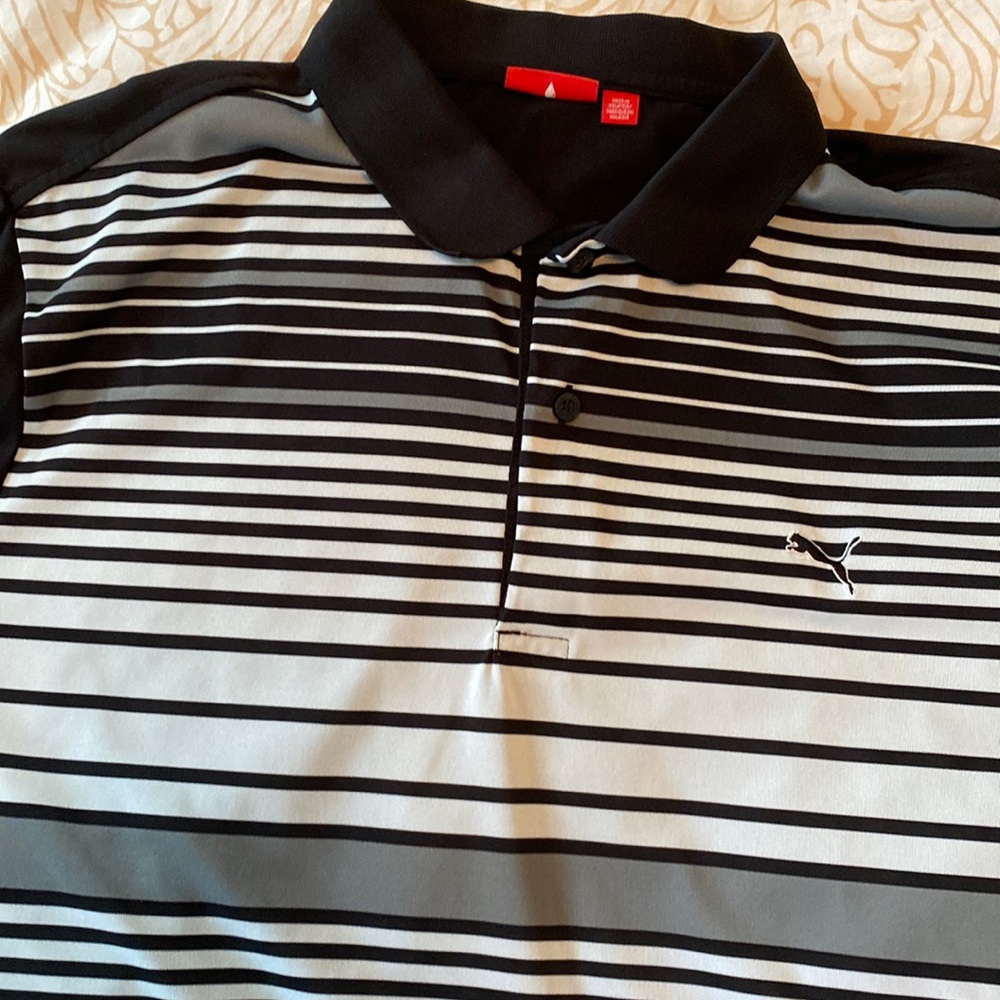 Men’s Puma short sleeve black white and gray golf shirt size XXL.